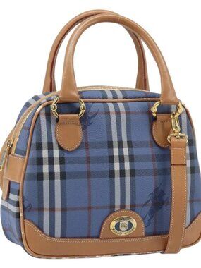 Burberrys Nova Check Hand Bag PVC Leather 2way Blue Gold Auth 172484